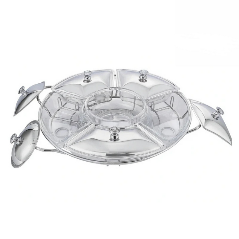 Rechaud Giratório Com 6 Compartimentos Aço Inox e Vidro 52cm